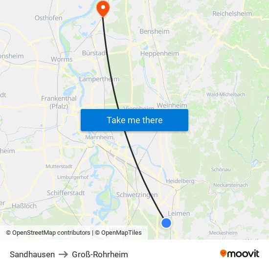 Sandhausen to Groß-Rohrheim map