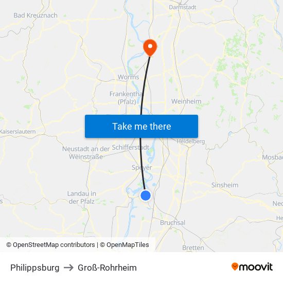 Philippsburg to Groß-Rohrheim map