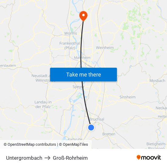 Untergrombach to Groß-Rohrheim map