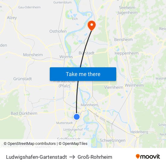 Ludwigshafen-Gartenstadt to Groß-Rohrheim map