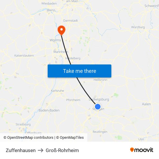 Zuffenhausen to Groß-Rohrheim map