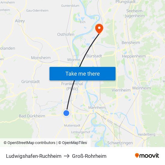 Ludwigshafen-Ruchheim to Groß-Rohrheim map