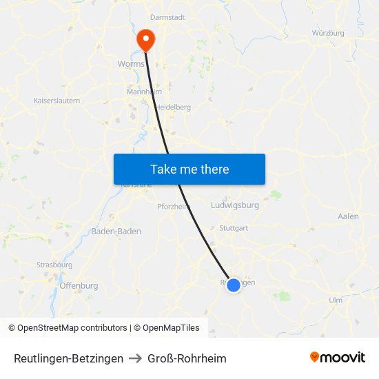 Reutlingen-Betzingen to Groß-Rohrheim map