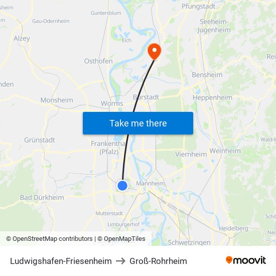 Ludwigshafen-Friesenheim to Groß-Rohrheim map