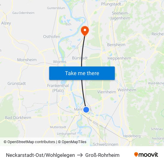 Neckarstadt-Ost/Wohlgelegen to Groß-Rohrheim map