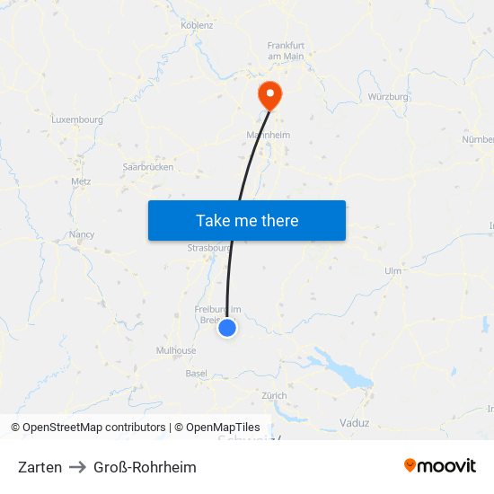 Zarten to Groß-Rohrheim map