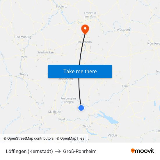 Löffingen (Kernstadt) to Groß-Rohrheim map