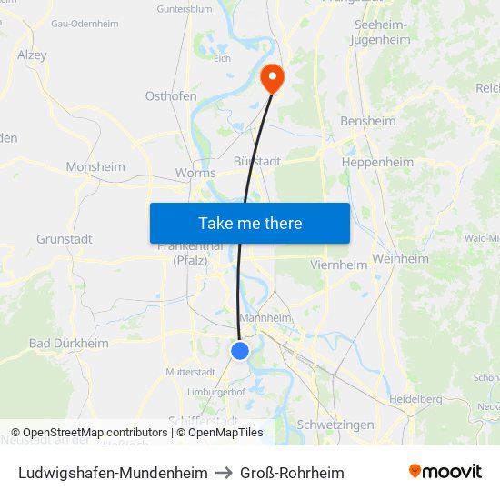 Ludwigshafen-Mundenheim to Groß-Rohrheim map