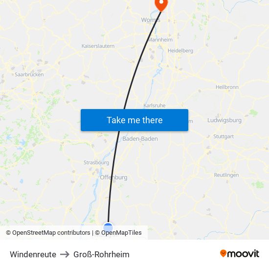 Windenreute to Groß-Rohrheim map