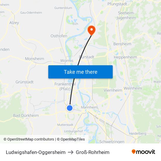 Ludwigshafen-Oggersheim to Groß-Rohrheim map