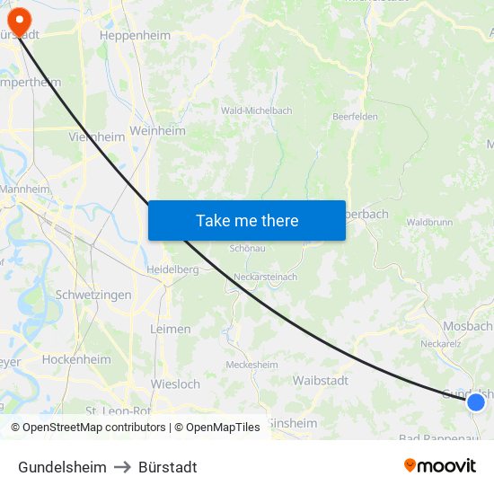 Gundelsheim to Bürstadt map