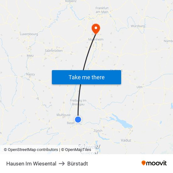 Hausen Im Wiesental to Bürstadt map