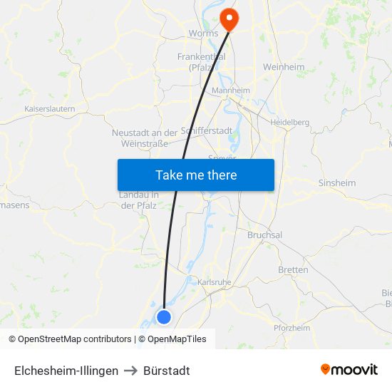 Elchesheim-Illingen to Bürstadt map