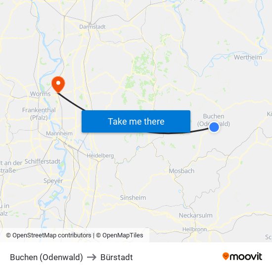 Buchen (Odenwald) to Bürstadt map