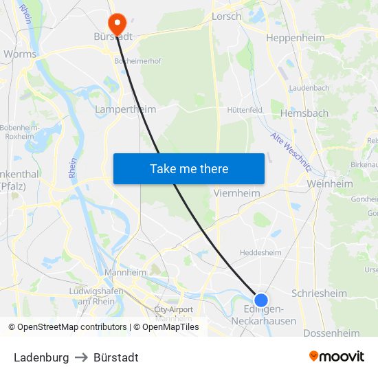 Ladenburg to Bürstadt map