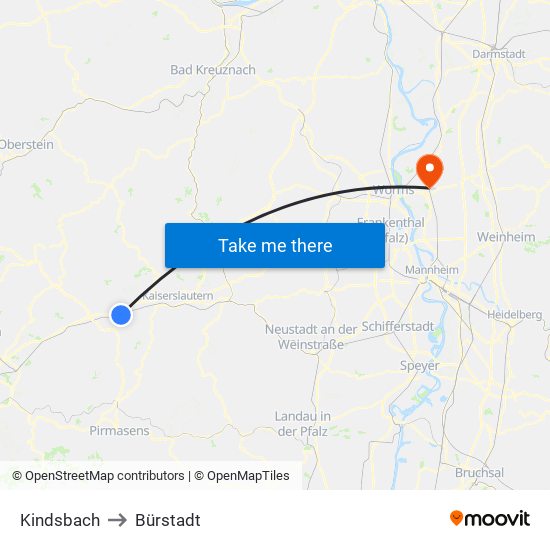 Kindsbach to Bürstadt map