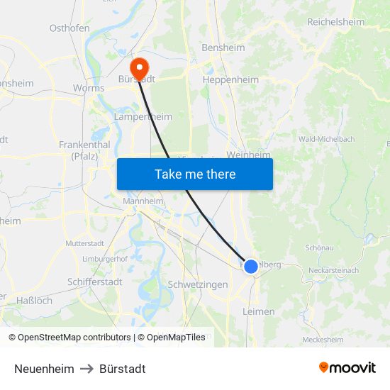 Neuenheim to Bürstadt map