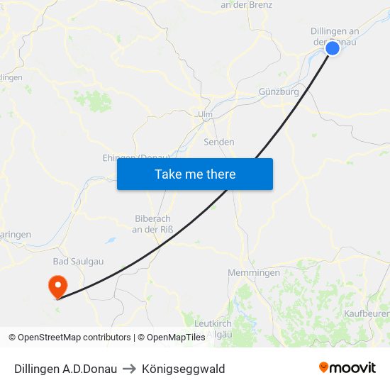 Dillingen A.D.Donau to Königseggwald map