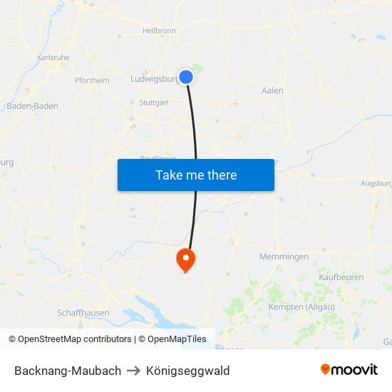 Backnang-Maubach to Königseggwald map