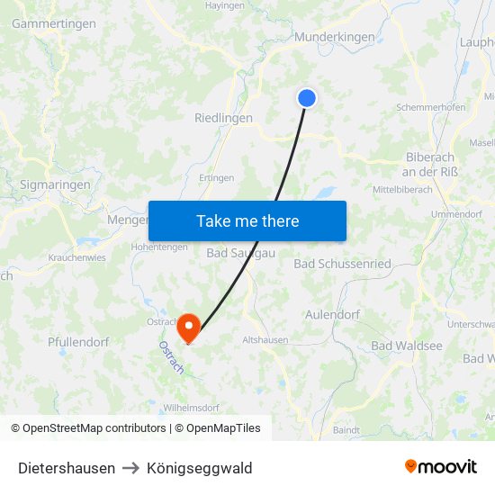 Dietershausen to Königseggwald map