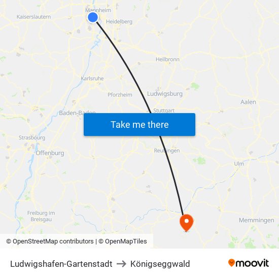 Ludwigshafen-Gartenstadt to Königseggwald map