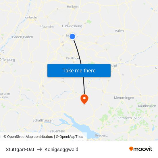 Stuttgart-Ost to Königseggwald map