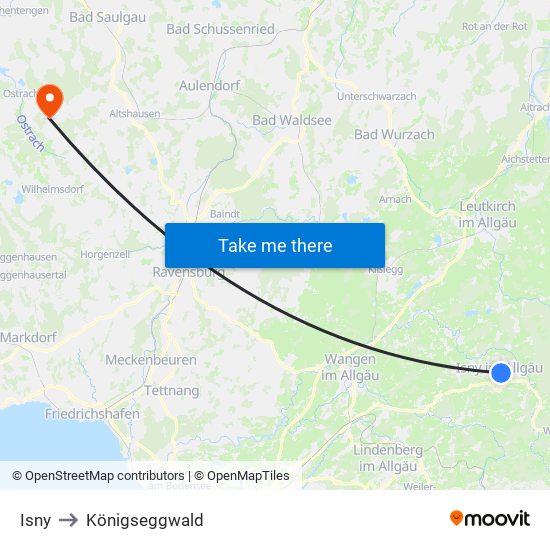 Isny to Königseggwald map