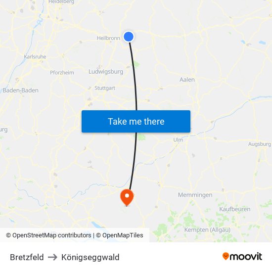 Bretzfeld to Königseggwald map