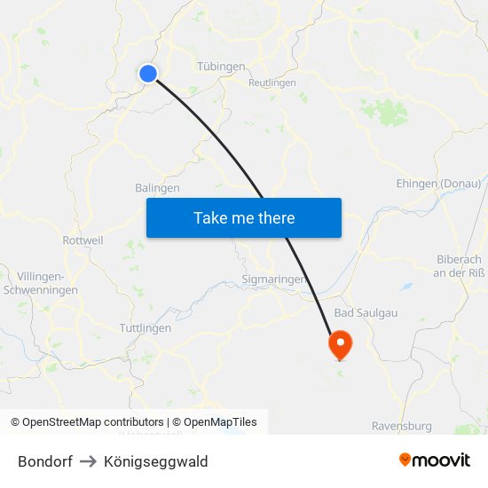 Bondorf to Königseggwald map