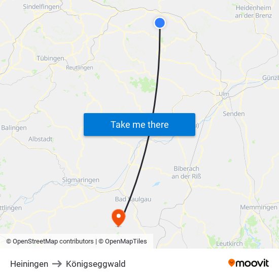 Heiningen to Königseggwald map