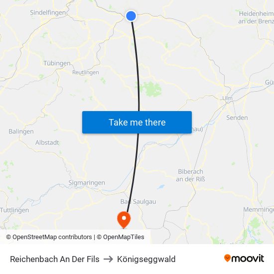 Reichenbach An Der Fils to Königseggwald map