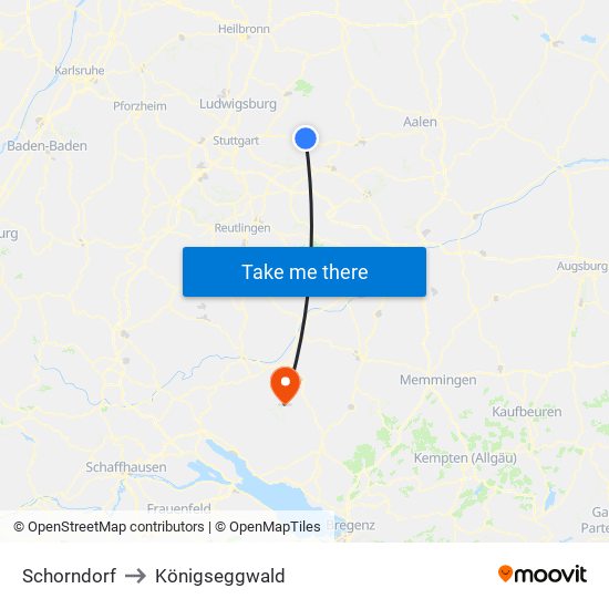 Schorndorf to Königseggwald map