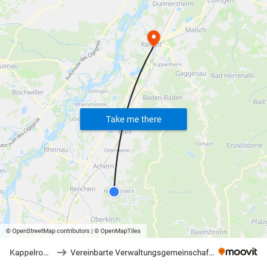 Kappelrodeck to Vereinbarte Verwaltungsgemeinschaft Rastatt map