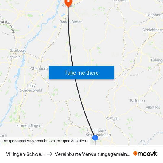 Villingen-Schwenningen to Vereinbarte Verwaltungsgemeinschaft Rastatt map