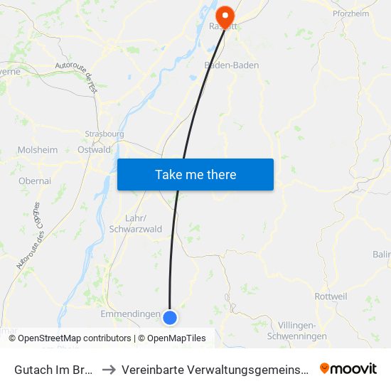 Gutach Im Breisgau to Vereinbarte Verwaltungsgemeinschaft Rastatt map