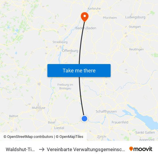 Waldshut-Tiengen to Vereinbarte Verwaltungsgemeinschaft Rastatt map