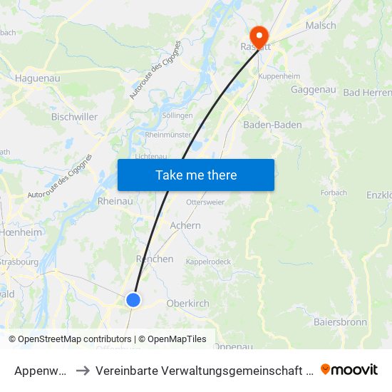 Appenweier to Vereinbarte Verwaltungsgemeinschaft Rastatt map