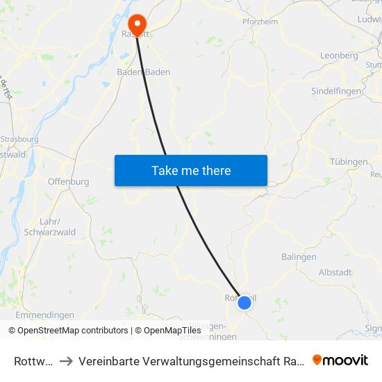 Rottweil to Vereinbarte Verwaltungsgemeinschaft Rastatt map