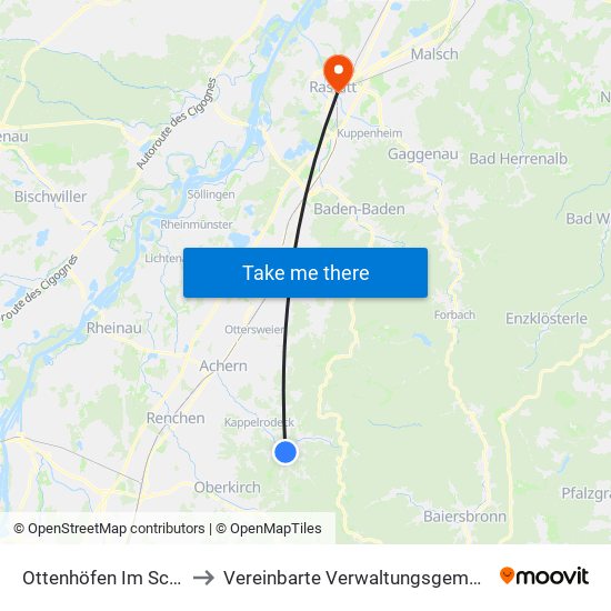 Ottenhöfen Im Schwarzwald to Vereinbarte Verwaltungsgemeinschaft Rastatt map