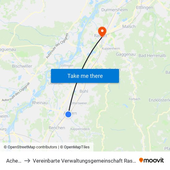 Achern to Vereinbarte Verwaltungsgemeinschaft Rastatt map