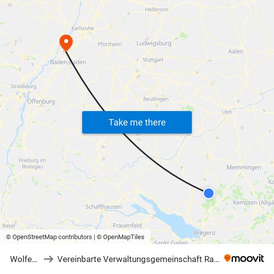 Wolfegg to Vereinbarte Verwaltungsgemeinschaft Rastatt map