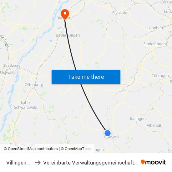 Villingendorf to Vereinbarte Verwaltungsgemeinschaft Rastatt map