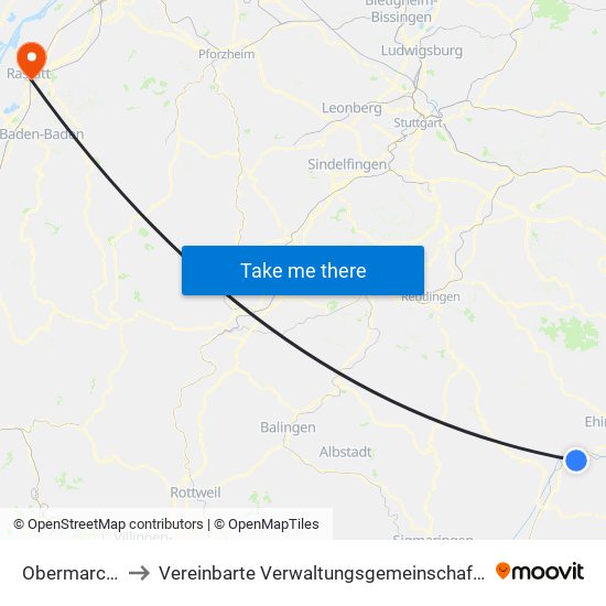 Obermarchtal to Vereinbarte Verwaltungsgemeinschaft Rastatt map