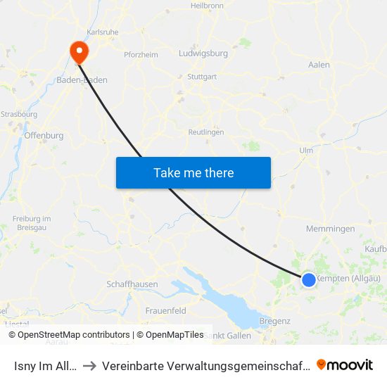 Isny Im Allgäu to Vereinbarte Verwaltungsgemeinschaft Rastatt map
