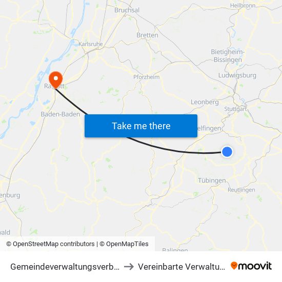 Gemeindeverwaltungsverband Waldenbuch/Steinenbronn to Vereinbarte Verwaltungsgemeinschaft Rastatt map