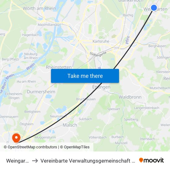 Weingarten to Vereinbarte Verwaltungsgemeinschaft Rastatt map