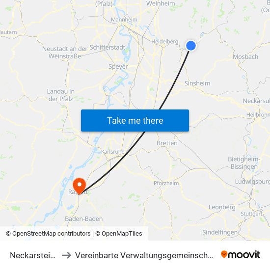 Neckarsteinach to Vereinbarte Verwaltungsgemeinschaft Rastatt map