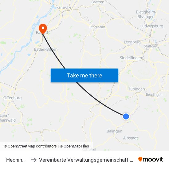 Hechingen to Vereinbarte Verwaltungsgemeinschaft Rastatt map