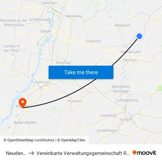 Neudenau to Vereinbarte Verwaltungsgemeinschaft Rastatt map