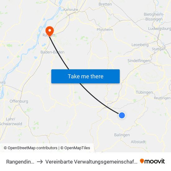 Rangendingen to Vereinbarte Verwaltungsgemeinschaft Rastatt map